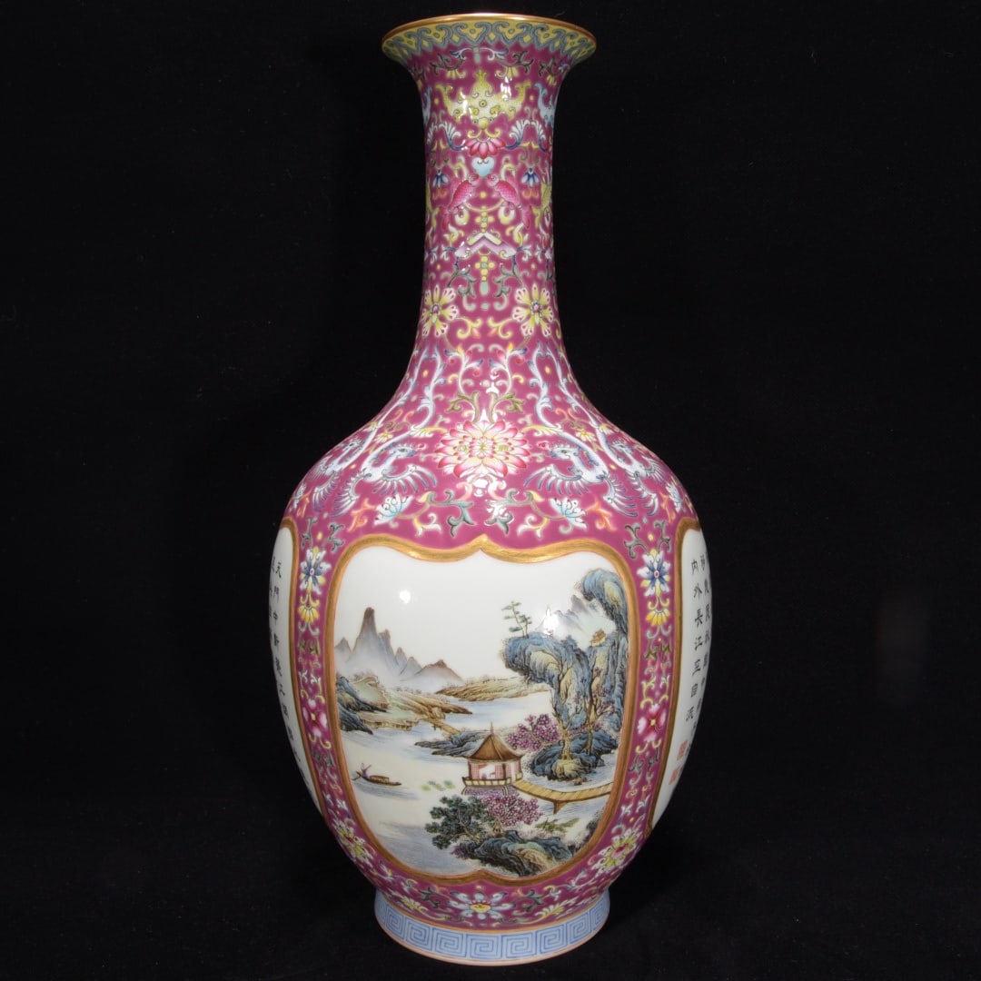 A rouge-red poetry vase with landscape patterns and a window opening made during the Qianlong period: A rouge-red window landscape inscription poetry vase made during the Qianlong period of the Qing Dynasty Size:38x19cm (The Dimensions Of All Batches Are Manually Measured.If You Need More Detailed Inf