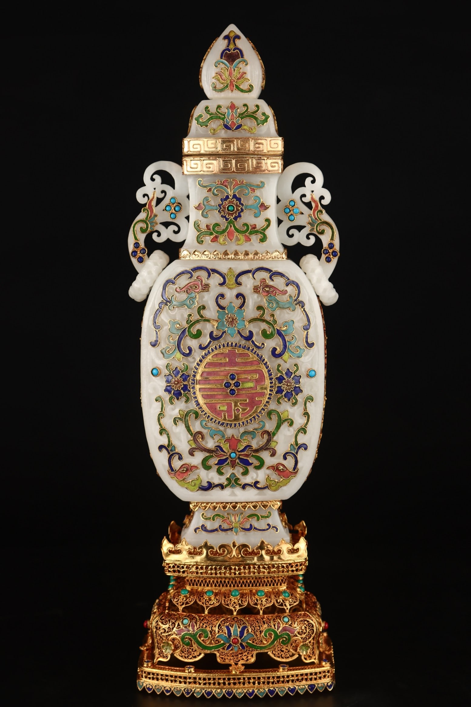 A beautiful filigree gilded jade flat vase ornament: Exquisite filigree gilded jade flat vase ornaments Size: L: 10.5 cm x T: 9.5 cm x H: 35 cm W: 1.702 kg (The Dimensions Of All Batches Are Manually Measured.If You Need More Detailed Information,