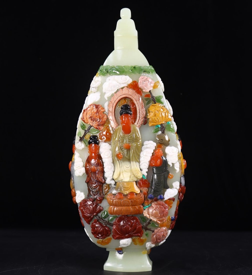 A beautiful Hetian jade eight-treasure inlaid Buddhist vase: Exquisite Hetian jade eight-treasure inlaid Buddhist vase Size:H:27.5cm L:11.5cm W:6cm W:1.17kg (The Dimensions Of All Batches Are Manually Measured.If You Need More Detailed Information, Please Conta