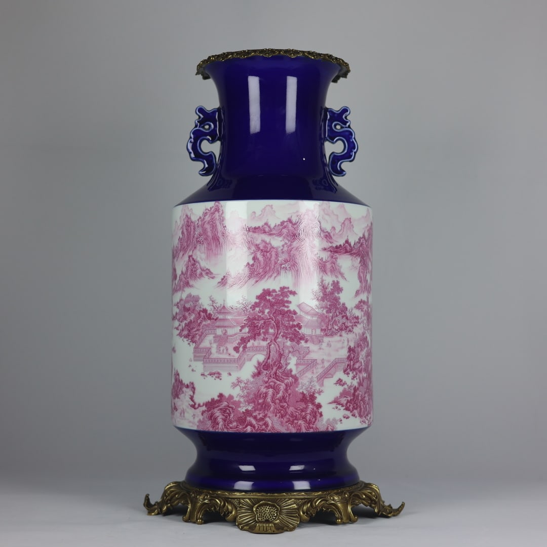 A finely crafted sacrificial blue-glazed rouge-red landscape pattern with copper rim and double (1 of 9)