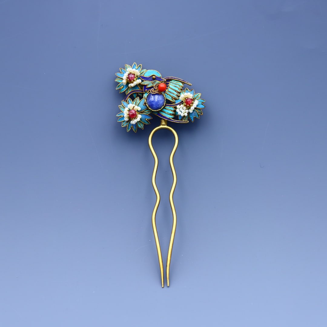 A delicate silver gilt filigree floral hairpin with jade inlay and gemstone (1 of 10)