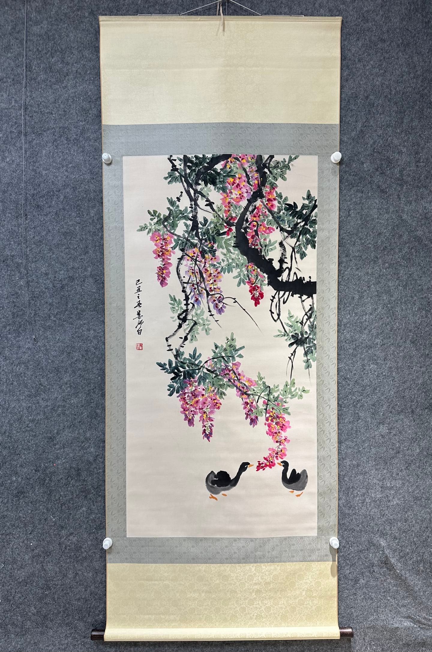A playful painting of wisteria duck by Lou Shibai (1 of 8)