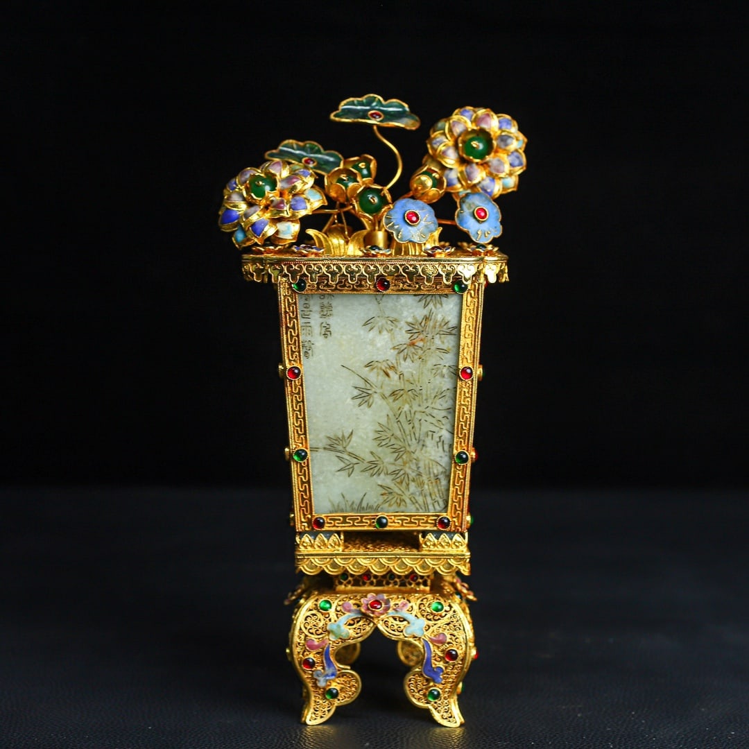 A beautiful cloisonnÃ© inlay Hetian jade bonsai ornament: Exquisite cloisonné inlay bag Hetian jade bonsai ornaments Size: H: 28.5cm W: 14cm W: 0.928 kg (The Dimensions Of All Batches Are Manually Measured.If You Need More Detailed Information, Please Conta