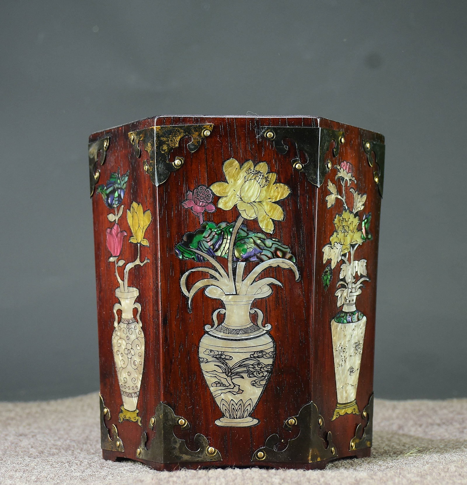 A finely crafted rosewood brush holder inlaid with plum, orchid, bamboo, and chrysanthemum (1 of 7)
