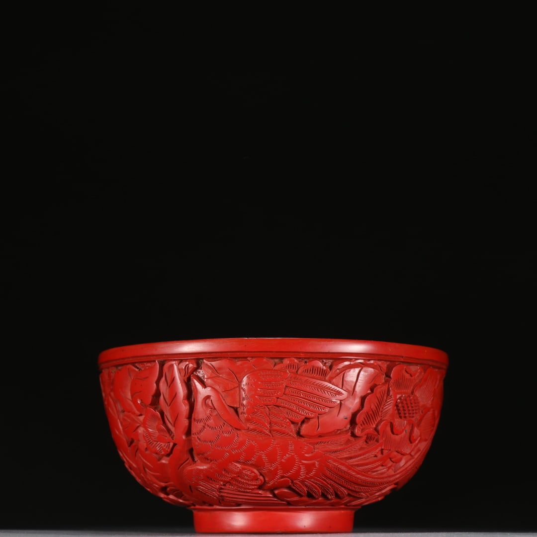 A Qing Dynasty bowl with a carved red phoenix threaded with peony: The Qing Dynasty used the 'Ti Hongfeng' peony bowl Size:H:6.3cm W:12.7cm W:0.15kg (The Dimensions Of All Batches Are Manually Measured.If You Need More Detailed Information, Please Contact Our Custome