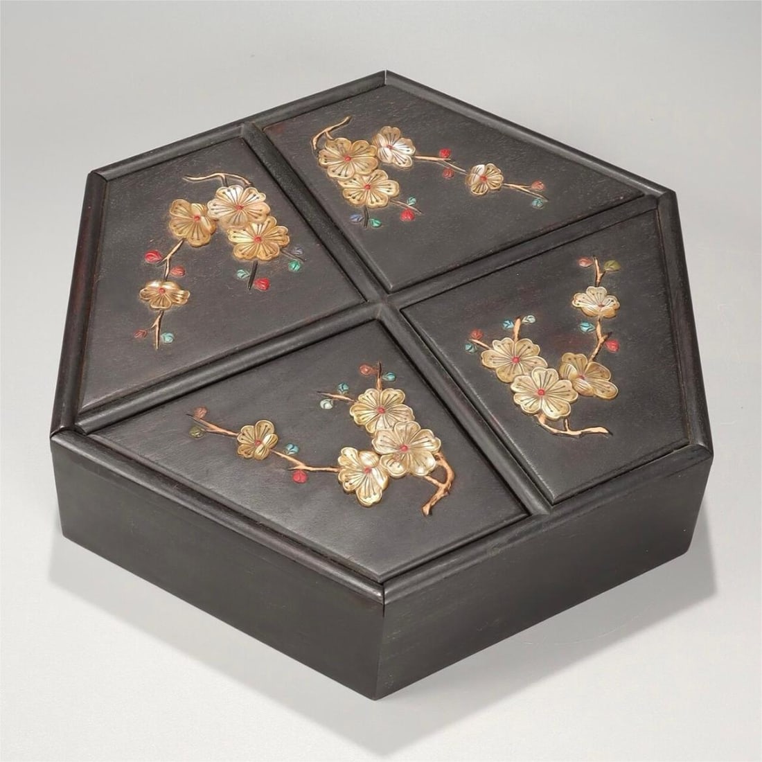 A Qing Dynasty Zitan inlaid multi-treasure plum blossom incense box (1 of 9)