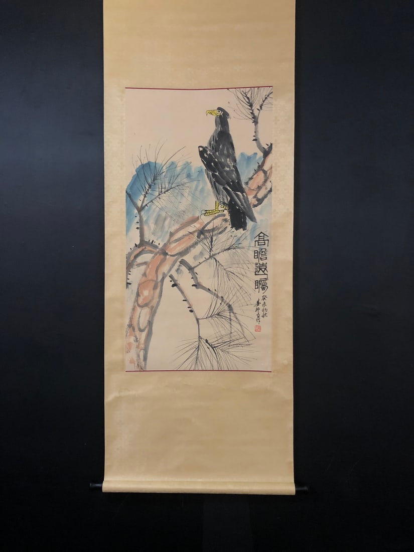 A Chinese Vertical Scroll Ink Painting of Pine and Eagle on Paper,Lou Shibai: A Chinese Vertical Scroll Ink Painting of Pine and Eagle on Paper,Lou ShibaiSize:51.5cmx99.5cm (The Dimensions Of All Batches Are Manually Measured.If You Need More Detailed Information, Please
