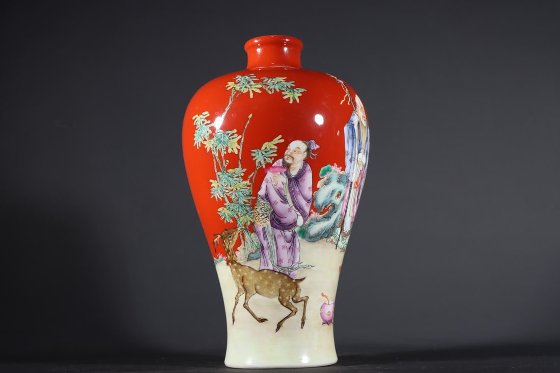 An Exquisite Famille-Rose Coral Red Glazed Character and Story Pattern Vase: An Exquisite Famille-Rose Coral Red Glazed Character and Story Pattern Vase Qing Dynasty, China Yongzheng Six-character Mark Size:26.8cmx16cm (The Dimensions Of All Batches Are Manually Measured.If Yo