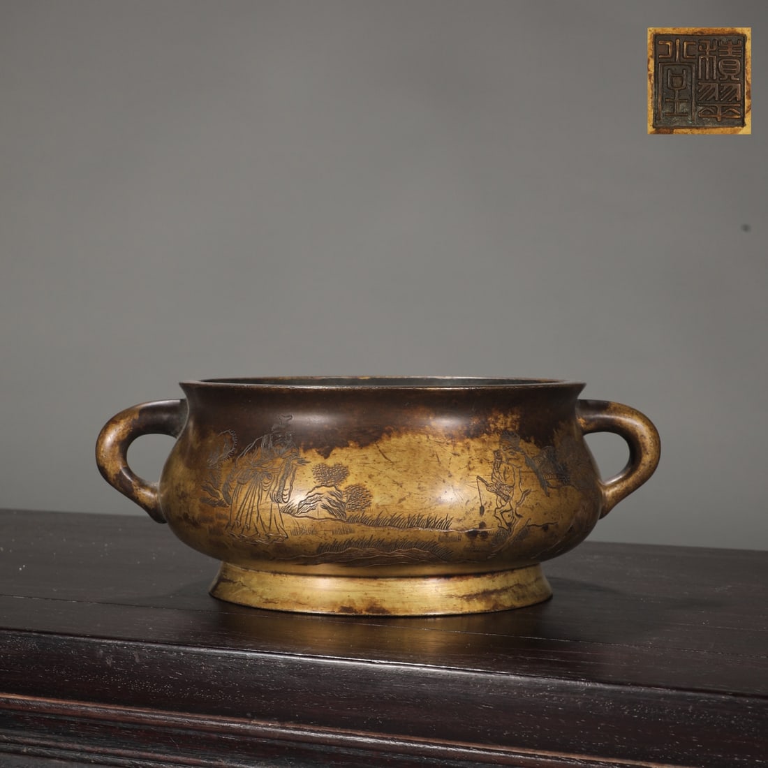 An Exquisite Bronze Character and Story Pattern Double-Ears Censer,With Poem: An Exquisite Bronze Character and Story Pattern Double-Ears Censer,With Poem,Qing Dynasty,China,With Mark,Size:8cmx16.7cmx21.6cm,Weight:2000g (The Dimensions Of All Batches Are Manually Measured.If Yo