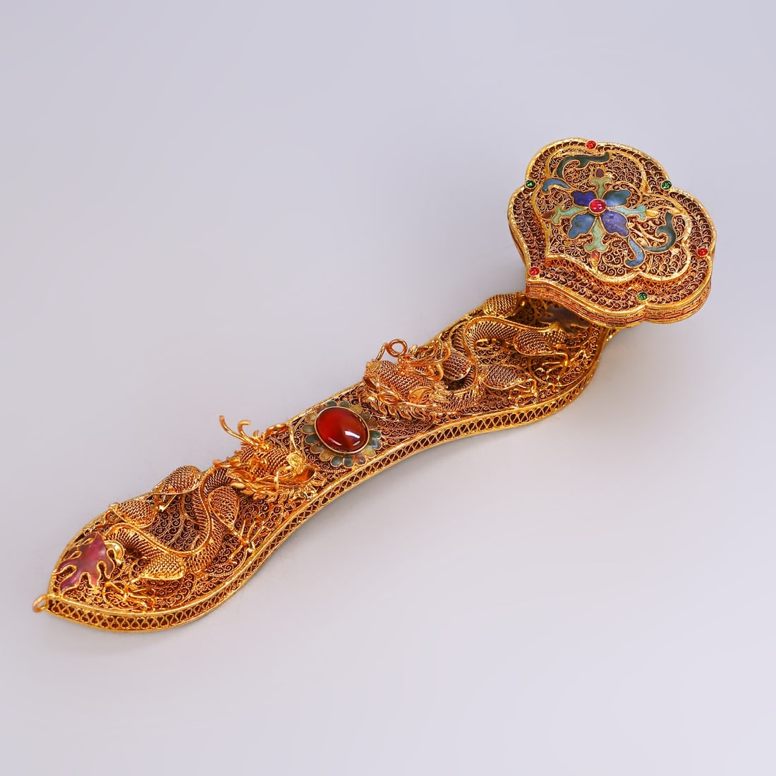 An Exquisite Filigree and Gilding Inlaid Gems Dragon Pattern Ruyi (1 of 9)