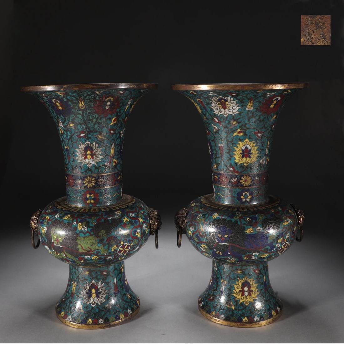 A Pair of Huge Cloisonne Lotus and Lion Pattern Lion-Ears Vases: A Pair of Huge Cloisonne Lotus and Lion Pattern Lion-Ears Vases,Ming Dynasty,China,Jingtai Four-character Mark,Size:44.9cmx25.7cm,Total Weight:8700g (The Dimensions Of All Batches Are Manually Measure