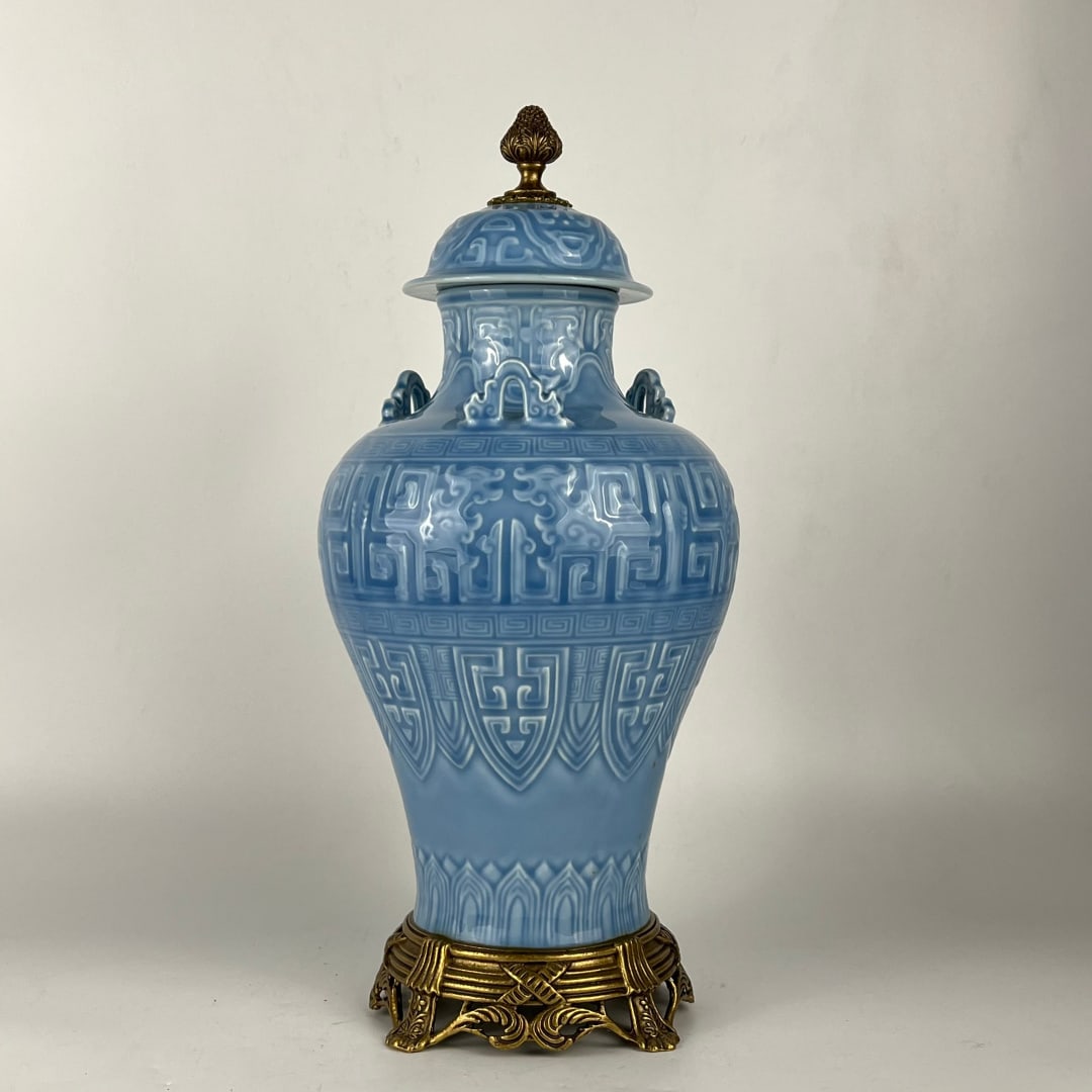 A Huge Sky Blue Glazed Inlaid Bronze Chi-Dragon Pattern Bottle: A Huge Sky Blue Glazed Inlaid Bronze Chi-Dragon Pattern Bottle,Qing Dynasty,China,Qianlong Six-character Mark,Size:48.5cmx20cmx17cm (The Dimensions Of All Batches Are Manually Measured.If You Need Mor