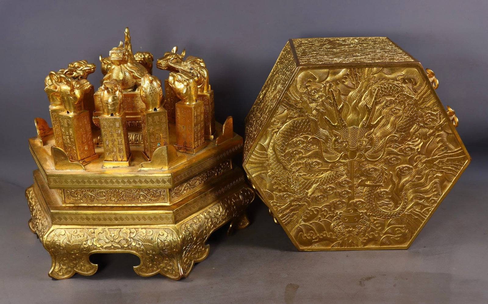A Set of Rare Gilt Bronze the Twelve Chinese Zodiac Signs Seals,With Poem: A Set of Rare Gilt Bronze the Twelve Chinese Zodiac Signs Seals,With Poem,Qing Dynasty,China,Qianlong Four-character Mark,Size:36cmx37cm,(large)12cmx9cmx8.5cm,(Dragon)12cmx5.5cmx3cm,(Rooster)12cmx4.5c
