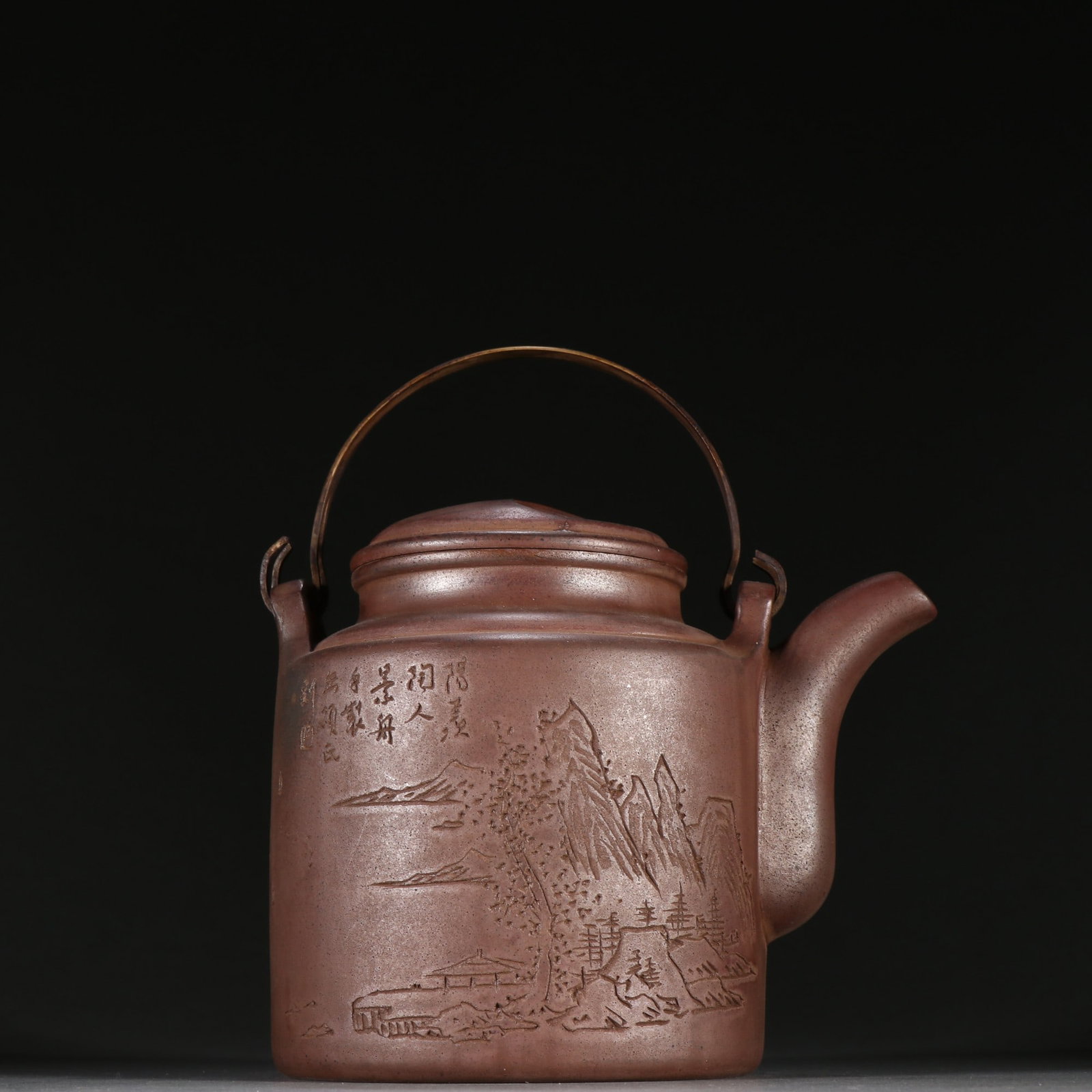 An Exquisite Purple Sands Landscape Pattern with poem Ewer: An Exquisite Purple Sands Landscape Pattern with poem Ewer Qing Dynasty, China Size:17cmx15cm (The Dimensions Of All Batches Are Manually Measured.If You Need More Detailed Information, Please Contact
