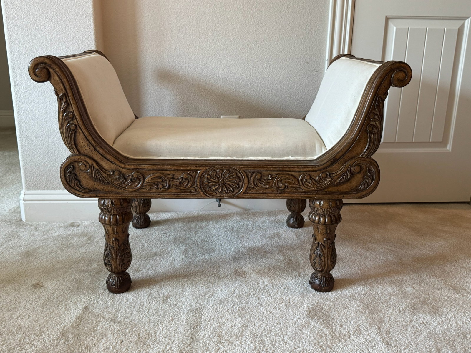Elegant Carved Dark Wood Accent Window Bench: Sophisticated design meets comfortable versatility in this beautifully proportioned accent bench! Crafted with a dark walnut-stained hardwood frame showcasing heavy scrollwork along the apron, carved