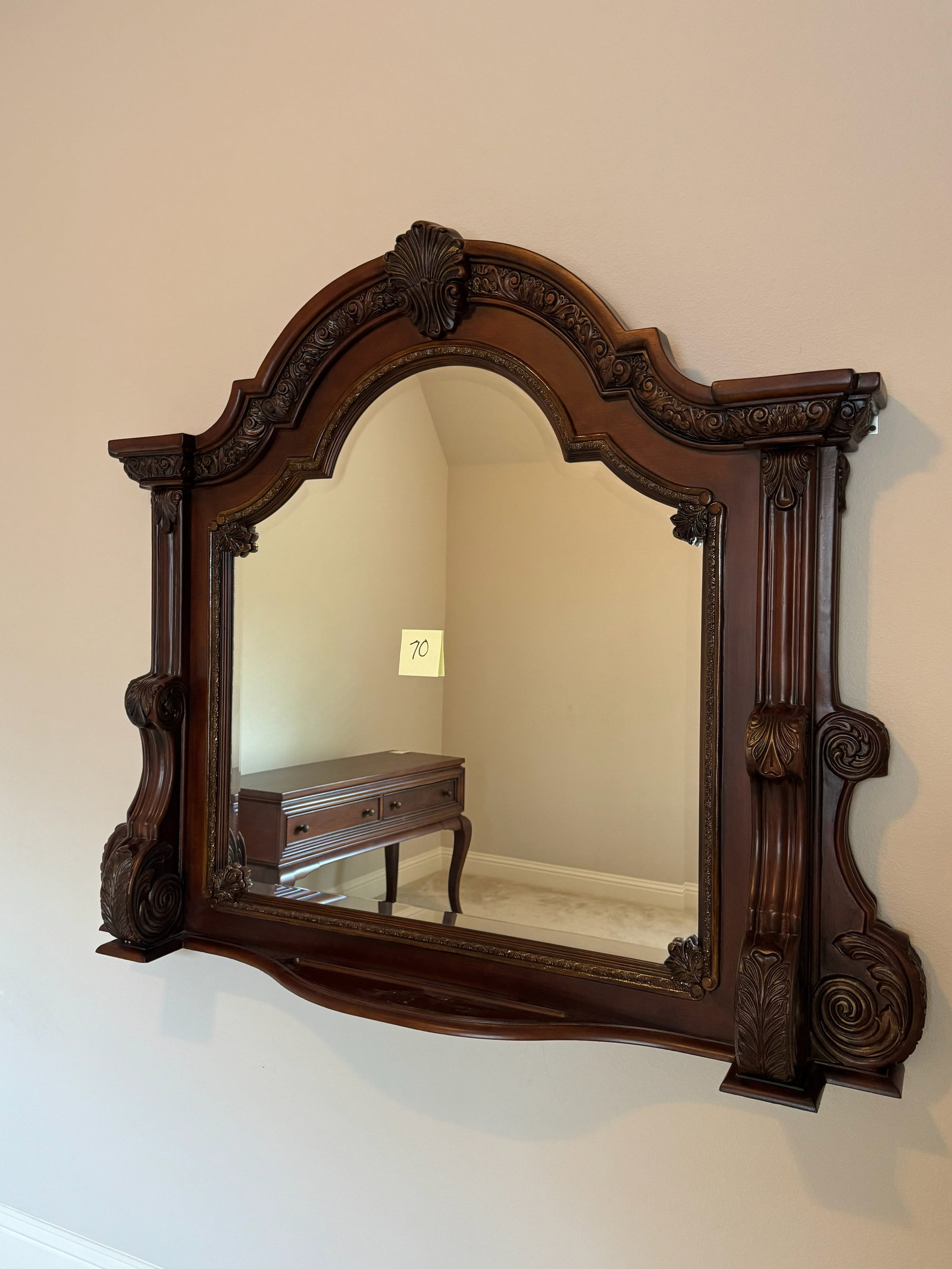 Grand Traditional Carved Dark Wood Arched Wall: Make a commanding statement on your wall! This large, premium wall mirror is framed in rich, dark-stained wood showcasing intricate scrollwork, acanthus leaf flourishes, and a prominent shell crest