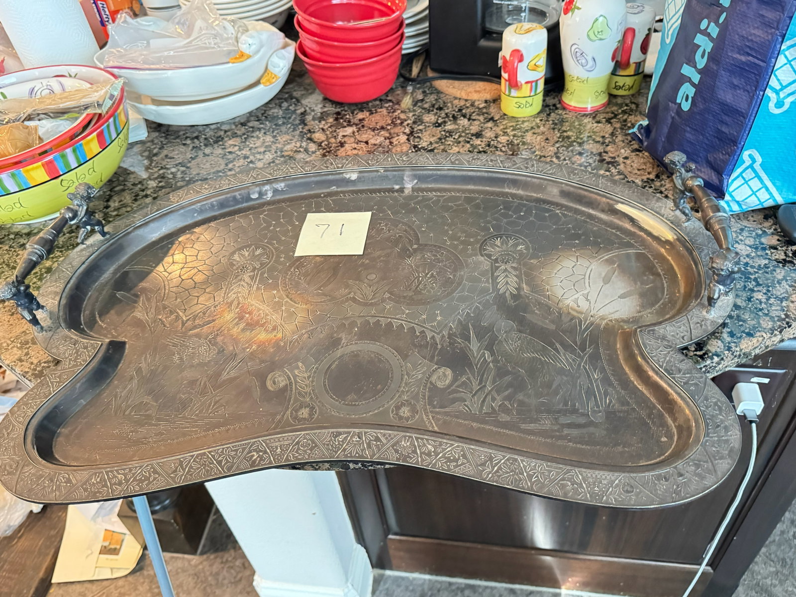 Large Antique / Vintage Chased Silver-Plated: An exceptional statement piece for entertaining! This massive kidney-shaped serving tray features an intricately engraved center well depicting egrets/herons among cattails and floral foliage. Framed 