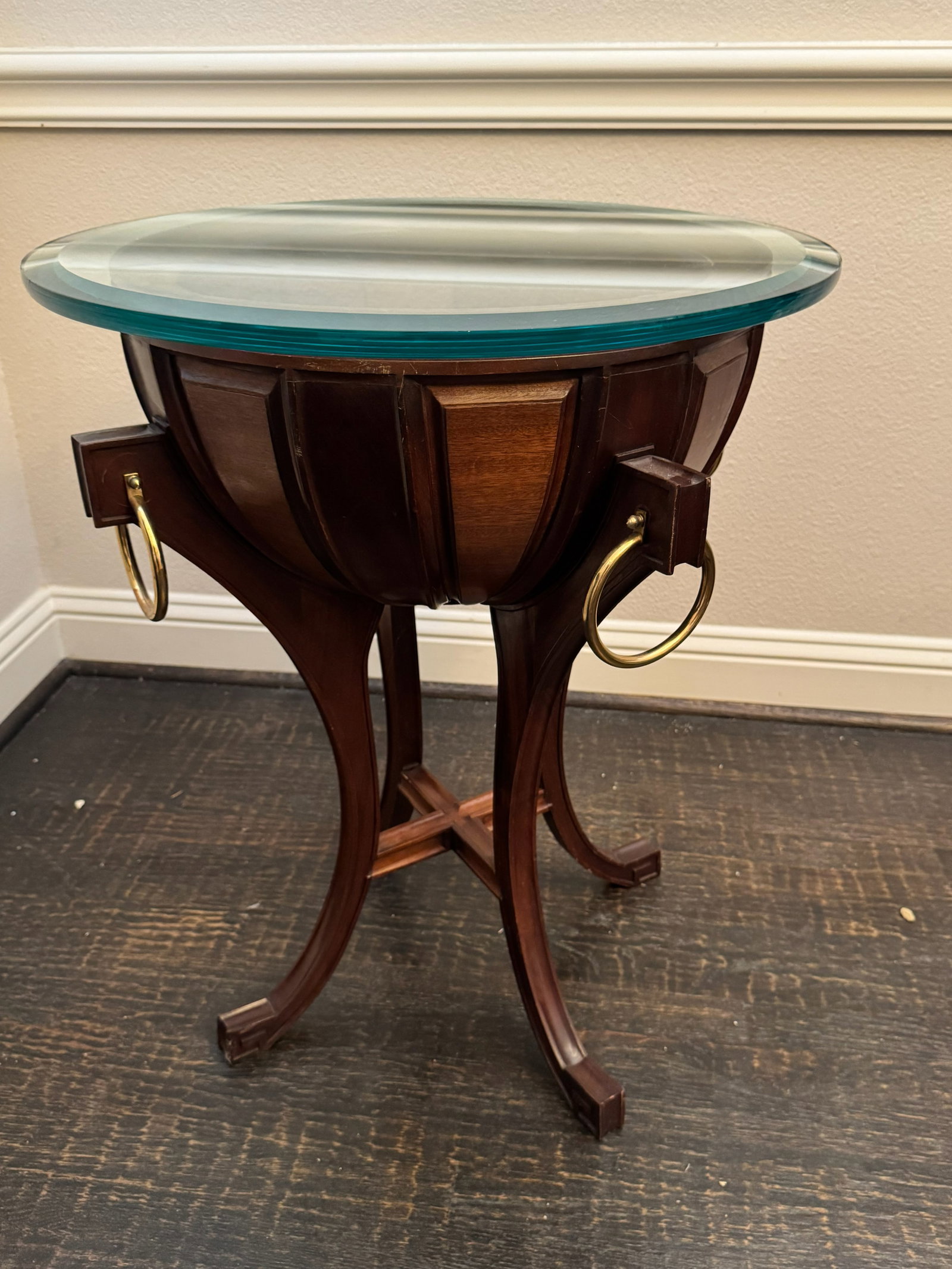 Regency-Style Mahogany & Beveled Glass Center: Regency-style mahogany occasional or center table featuring a circular thick beveled glass top above an architecturally detailed wooden base. The circular apron is constructed with alternating radial