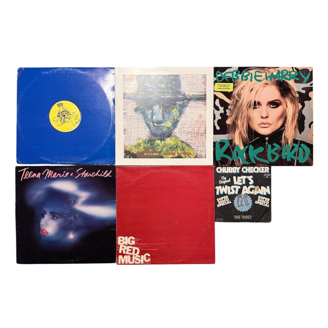 Music Discovery Bundle #1: Six Assorted Records:Chubby Checker - Let's Twist Again - 45 Single Hooiser National - Otis Gibbs LPDebbie Harry - Rockbird LPVarious Artists - BIG RED MUSIC LP- Pressed on Clear Red VinylTeena