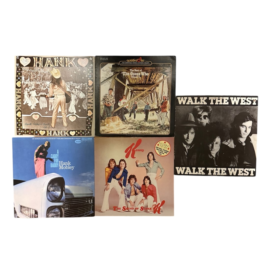 Music Discovery Bundle #4: Five Assorted Albums:Kenny - The Sound of Super K LPWalk The West - Self Titled LP Leon Wilson - Hank Wilson's Back Vol. 1 LPThe Best of Guess Who - Volume II LPHank Mobley - A Caddy for Daddy LP-