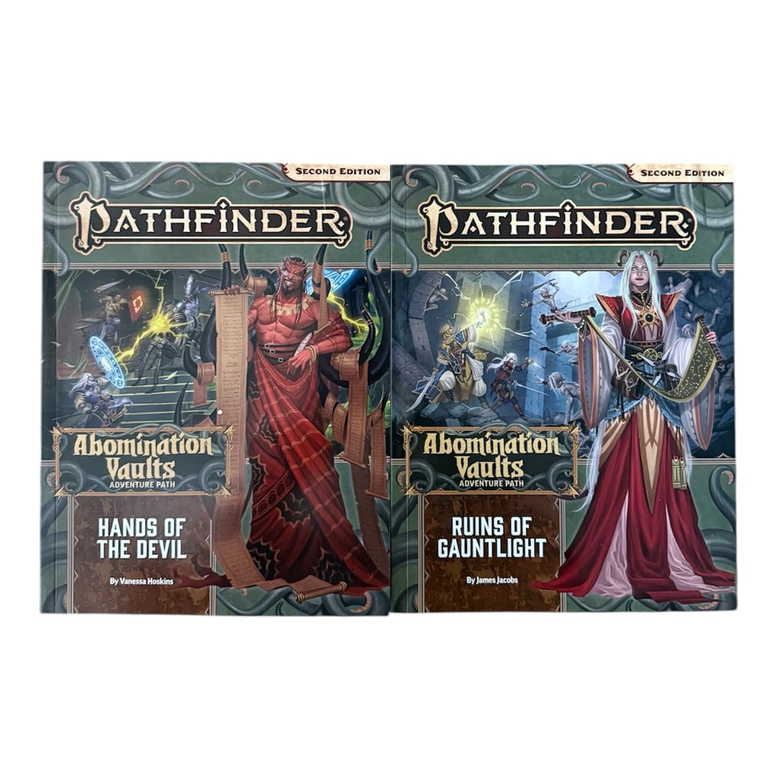 Pathfinder Abomination Vaults: Two Paperback Pathfinder Abomination Vaults Books:(163) Ruins of Gaunlight, Second Edition(164) Hands of the Devil, Second EditionEach book measures:Height 11 x Width 8.5 x Depth 0.125 in