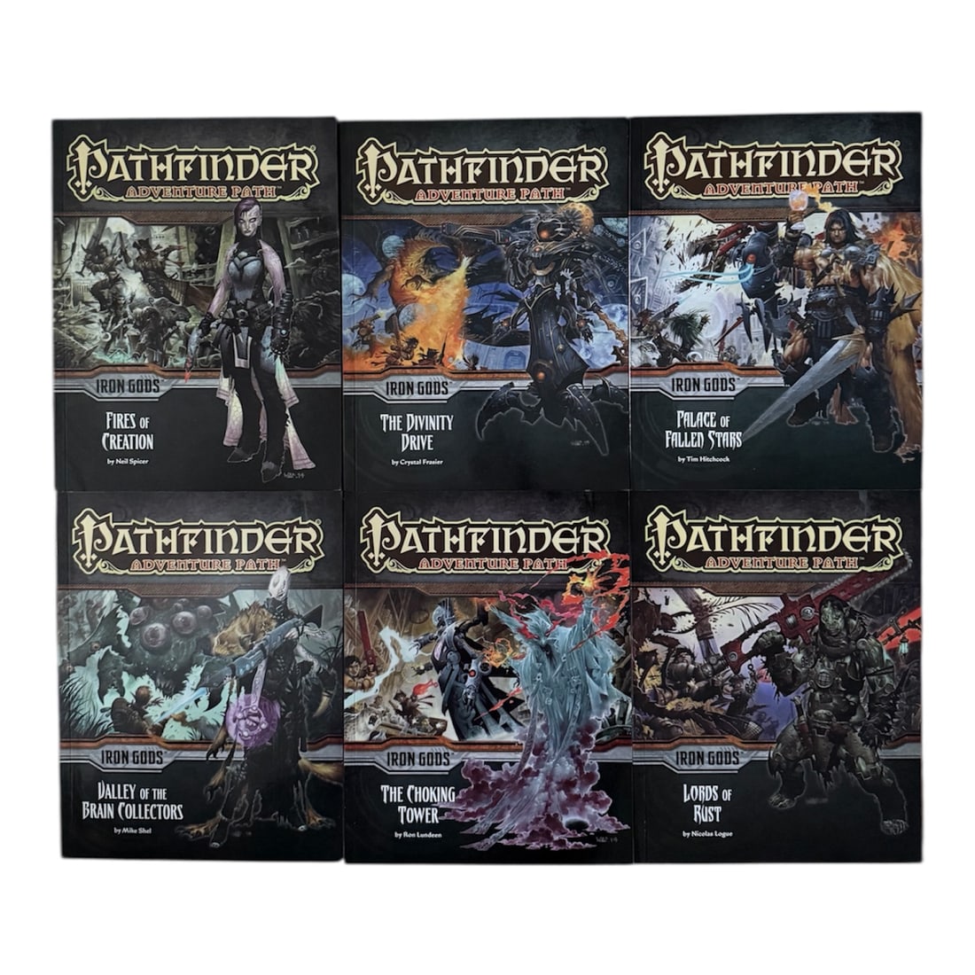 Pathfinder Iron Gods: Complete Set of Six Paperback Pathfinder Adventure Path Iron God's Books:(85) Fires of Creation(86) Lords of Rust(87) The Choking Tower(88) Valley of the Brian Collectors (89) Palace of Fallen