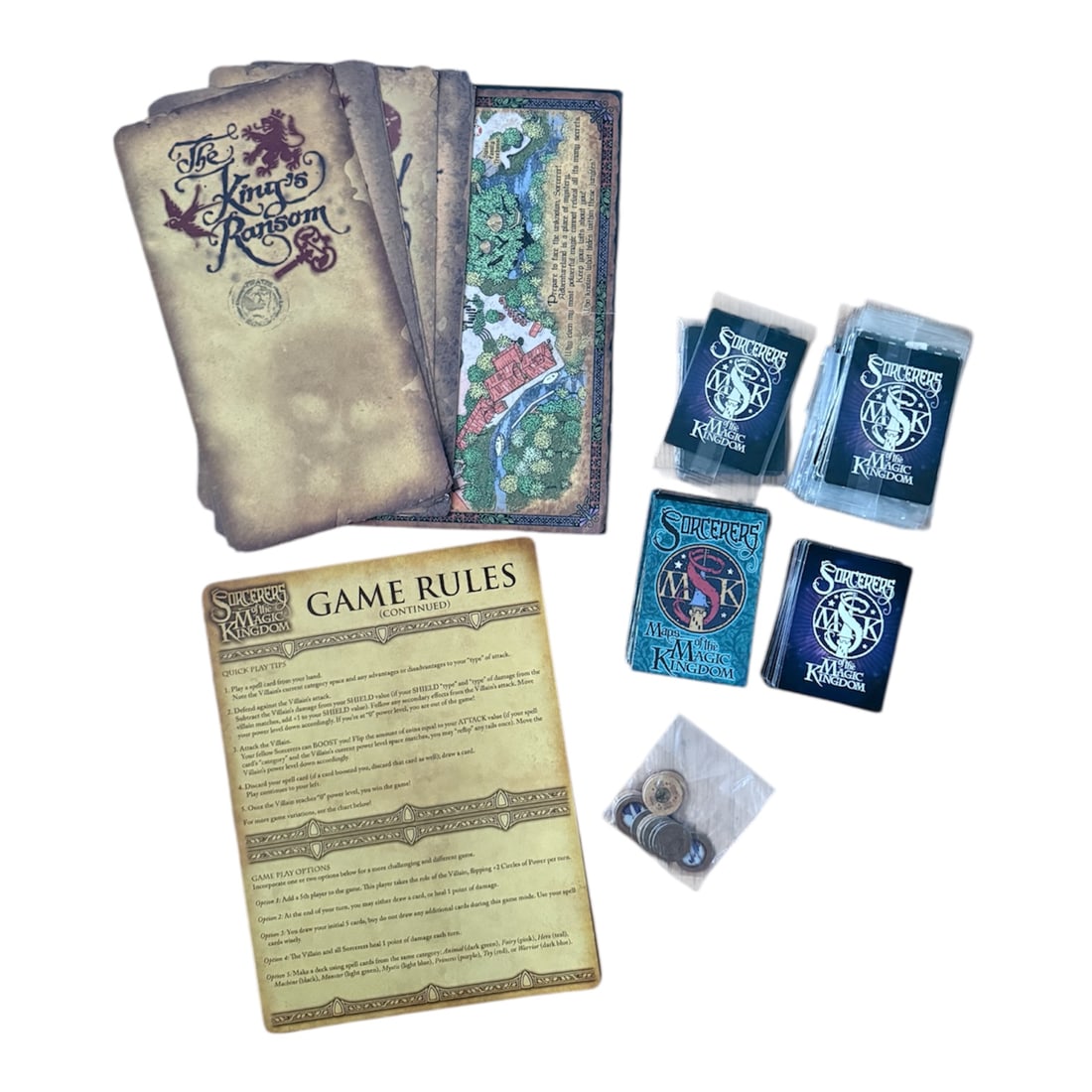 Sorcerer's of the Magic Kingdom Party Game: Disney's Sorcerer's of the Magic Kingdom Party Game includes: Instructions / Large Map20 factory sealed card bundles1 deck of loose cards2 miscellaneous sealed decks6 small maps1 bag of tokensThis