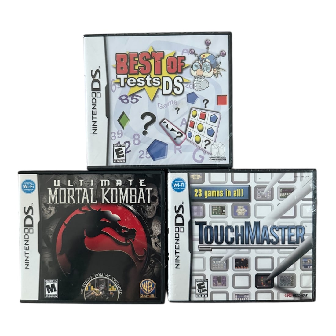 Nintendo DS Games: Three Nintendo DS game cartridges include:Ultimate Mortal KombatTouchMasterBest of Tests DSEach game case measures:Height 5.31 x Width 4.9 x Depth 0.59 in inches.Combined for shipping:Height 11 x