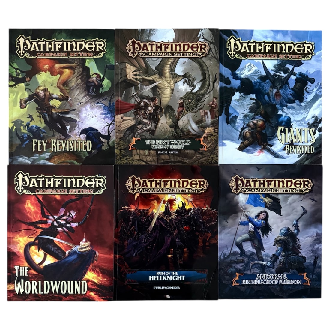 (6) Pathfinder Campaign Setting Books: Seven Paperback Pathfinder Campaign Setting Books: Andoran, Birthplace of Freedom The First World Realm of the Fly Fly Revisited Giants Revisited Path of the Hellknight The Worldwound Each book measur