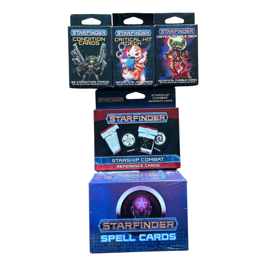 Starfinder Cards: Assorted Starfinder Cards in Original Boxes:Starfinder Spell CardsStarfinder Starship Combat Reference Cards(53) Starfinder Condition Cards(53) Starfinder Critical Hit Deck(53) Starfinder Critical