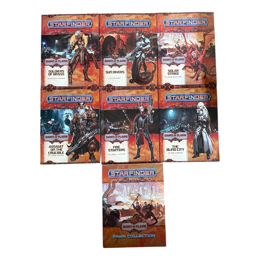 Starfinder Dawn of Flame: Complete Set of Six Paperback Starfinder Dawn of Flame Adventure Path Books: (13) Fire Starters (14) Soldiers of Brass (15) Sun Divers (16) The Blind City (17) Solar Strike (18) Assault on the Crucibl
