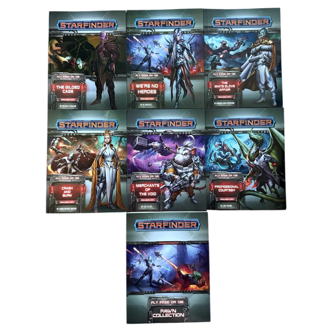 Starfinder Fly Free or Die: Complete Set of Six Paperback Starfinder Fly Free or Die Adventure Path Books: (34) We're No Heroes (35) Merchants of The Void (36) Professional Courtesy (37) The White Glove Affair (38) Crash and Bur