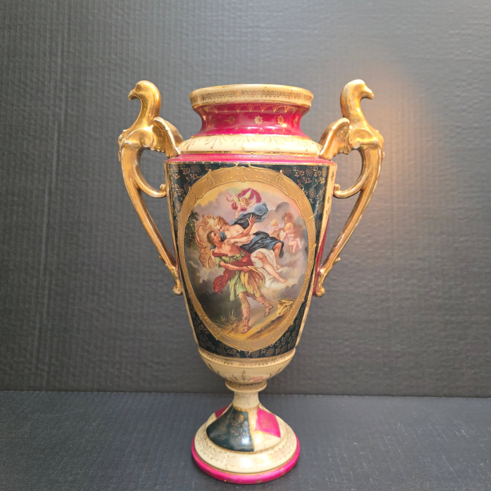 Tall 14" Sevres-Style Harlequin Gilded Vase with Mythological Scene: Porcelain 19th Century urn with hand painted scenes and a harlequin pattern.