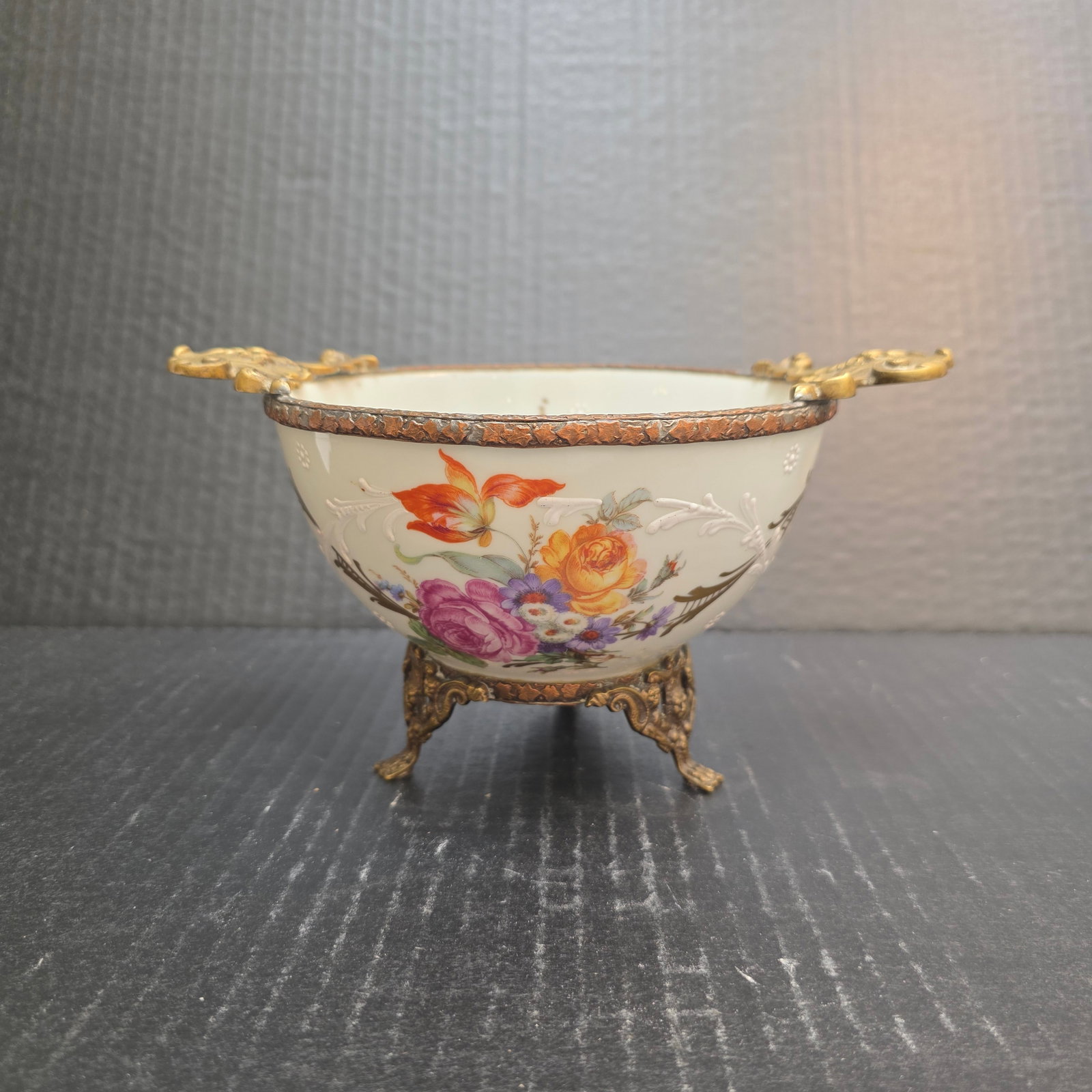 Limoges Centerpiece Bowl with Gilded Bronze Handles, Pedestal, and Edges: Stunning example of Limoges craftsmanship with a white base and multicolored floral accents
