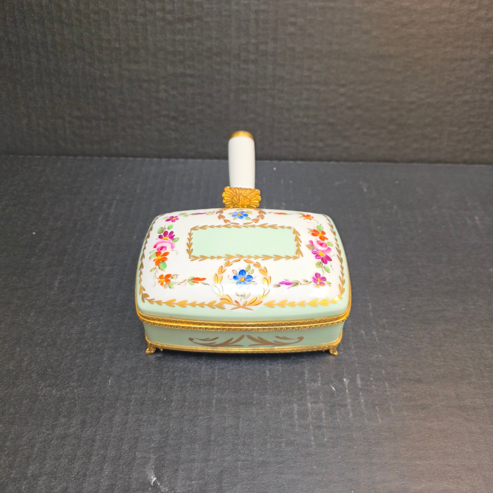 Limoges Porcelain Perfume Casket Hand Painted and Signed: Gorgeous Limoges perfume casket featuring robins egg blue base with multi color floral design and gilt mounts