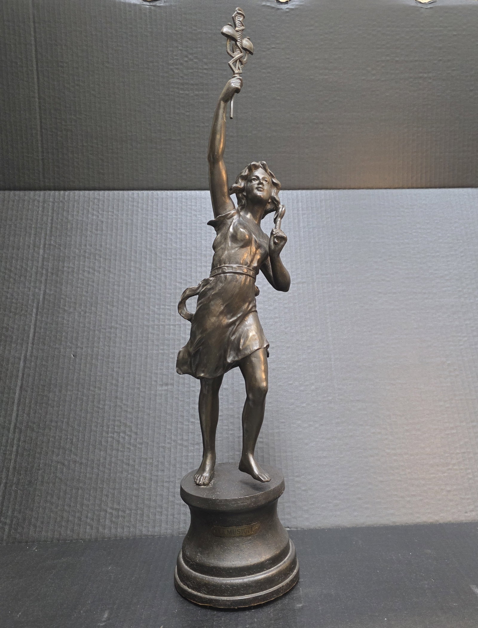 Tall 26" Belle Epoque Female La Musique Statue: This Late 19th Century Statue will be the highlight of any shelf. The piece is made of cast spelter (régule). Elegant statue from the Belle Epoque era. Beautifully detailed with La Musique Plate