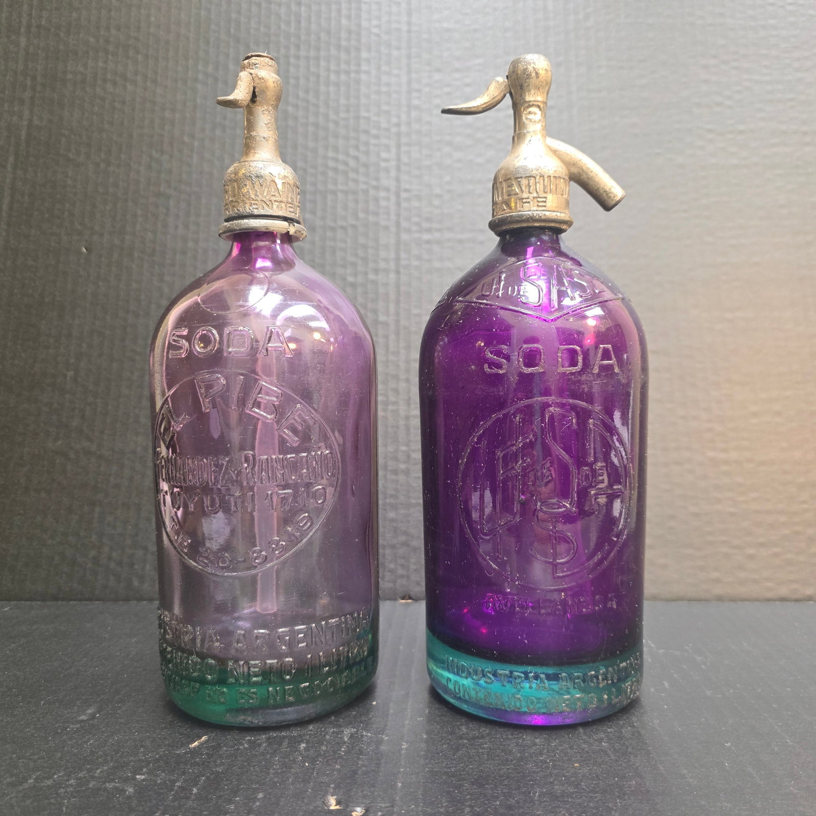 Pair of Vintage Argentinian Purple Seltzer Bottles (1 of 5)