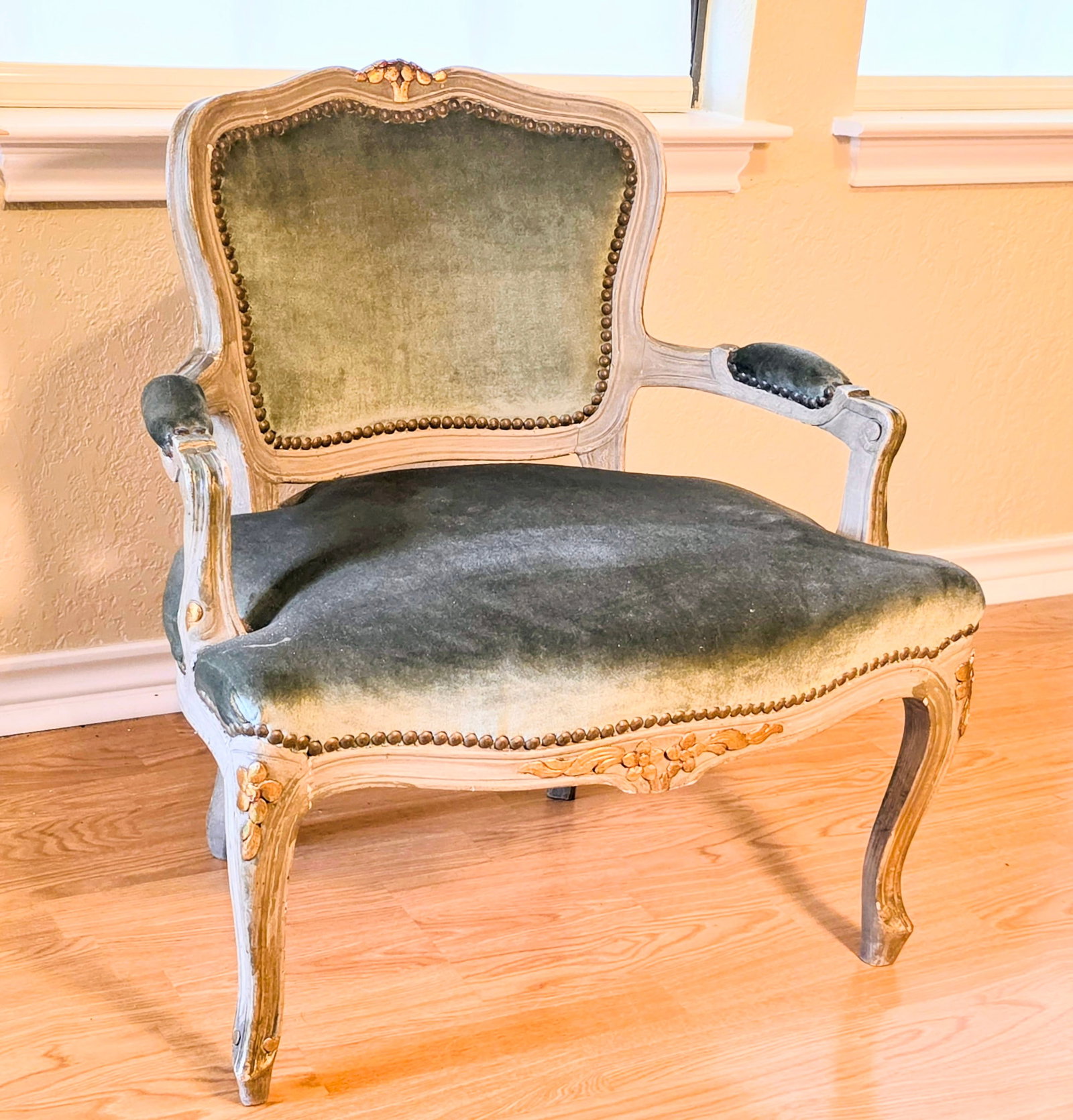 Louis XV-style Child's Armchair a Diminutive Fauteuil: Precious little chair waiting to make a child's royal fantasy a reality. Gorgeous Green velvet and carved gilt frame