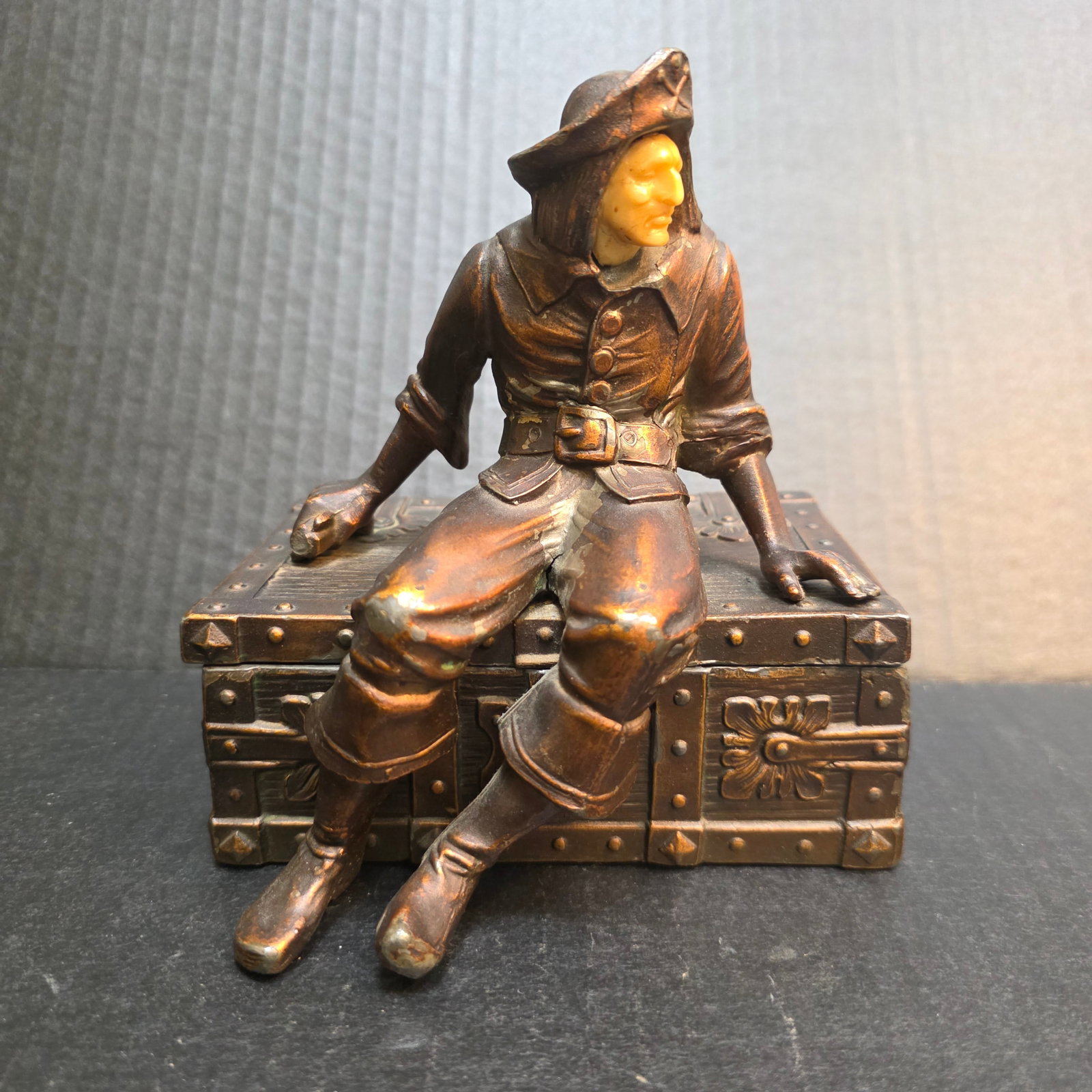J.B. Hirsch Company Art Deco Pirate Jewelry or Trinket Box: Wonderful little box will make you smile with his celluloid face. Most likely made of Spelter