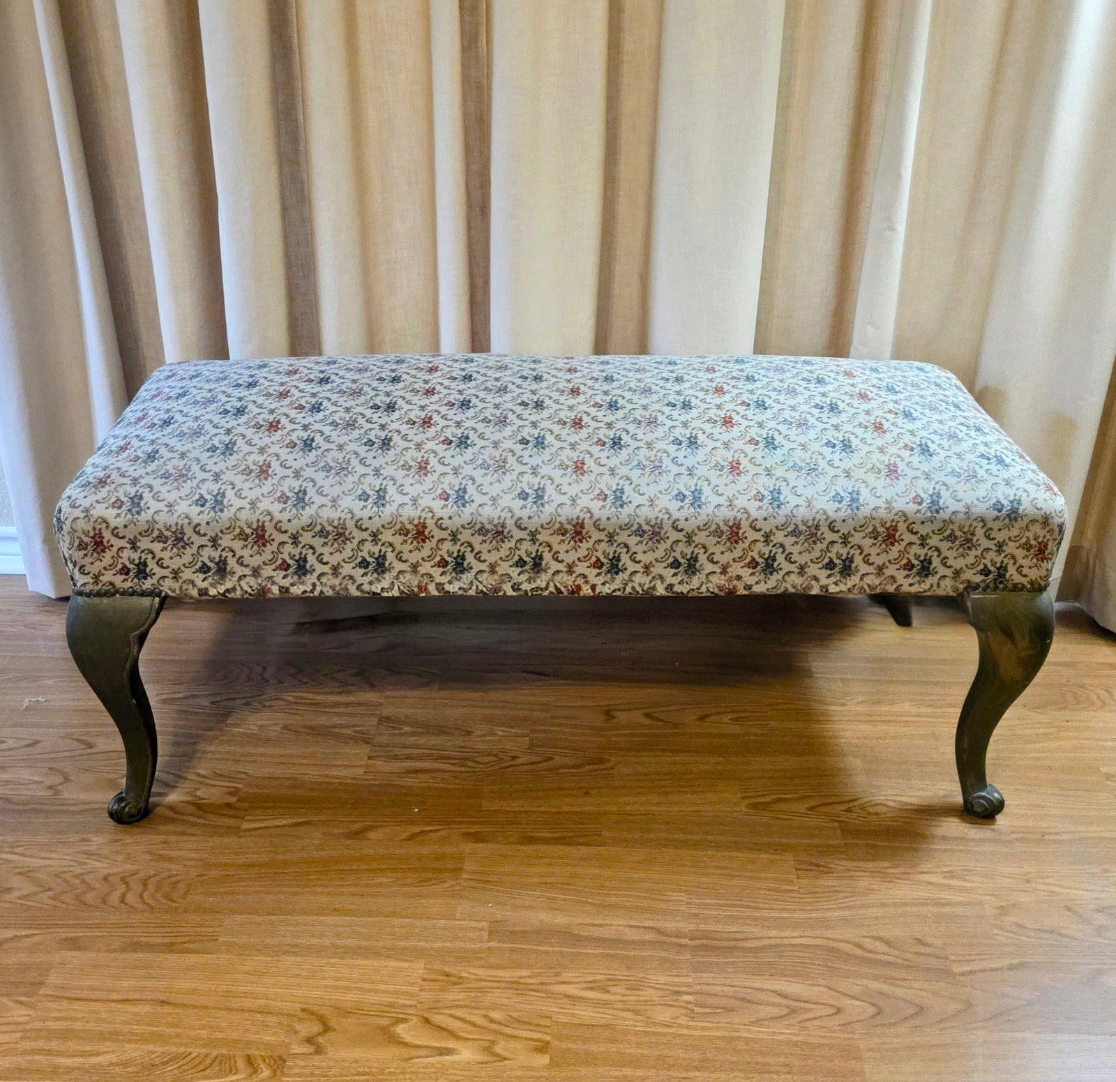 Chippendale Style Bench with Cream Floral Upholstery: Nice bench for the foot of the bed