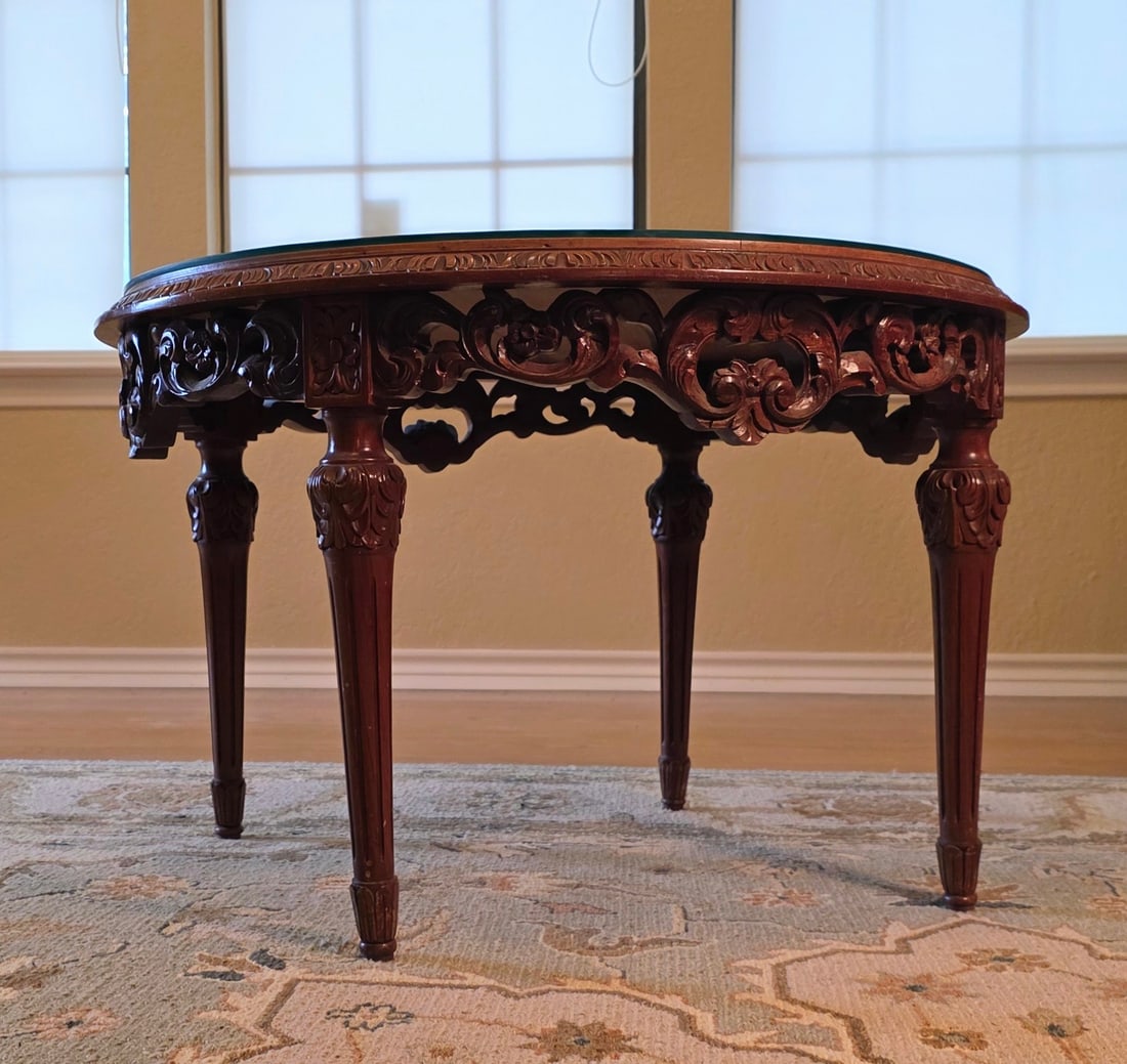 Italian Sorrento Marquetry 30" Round Coffee Table: Features a horse and rider with custom glass top on intricately carved table.