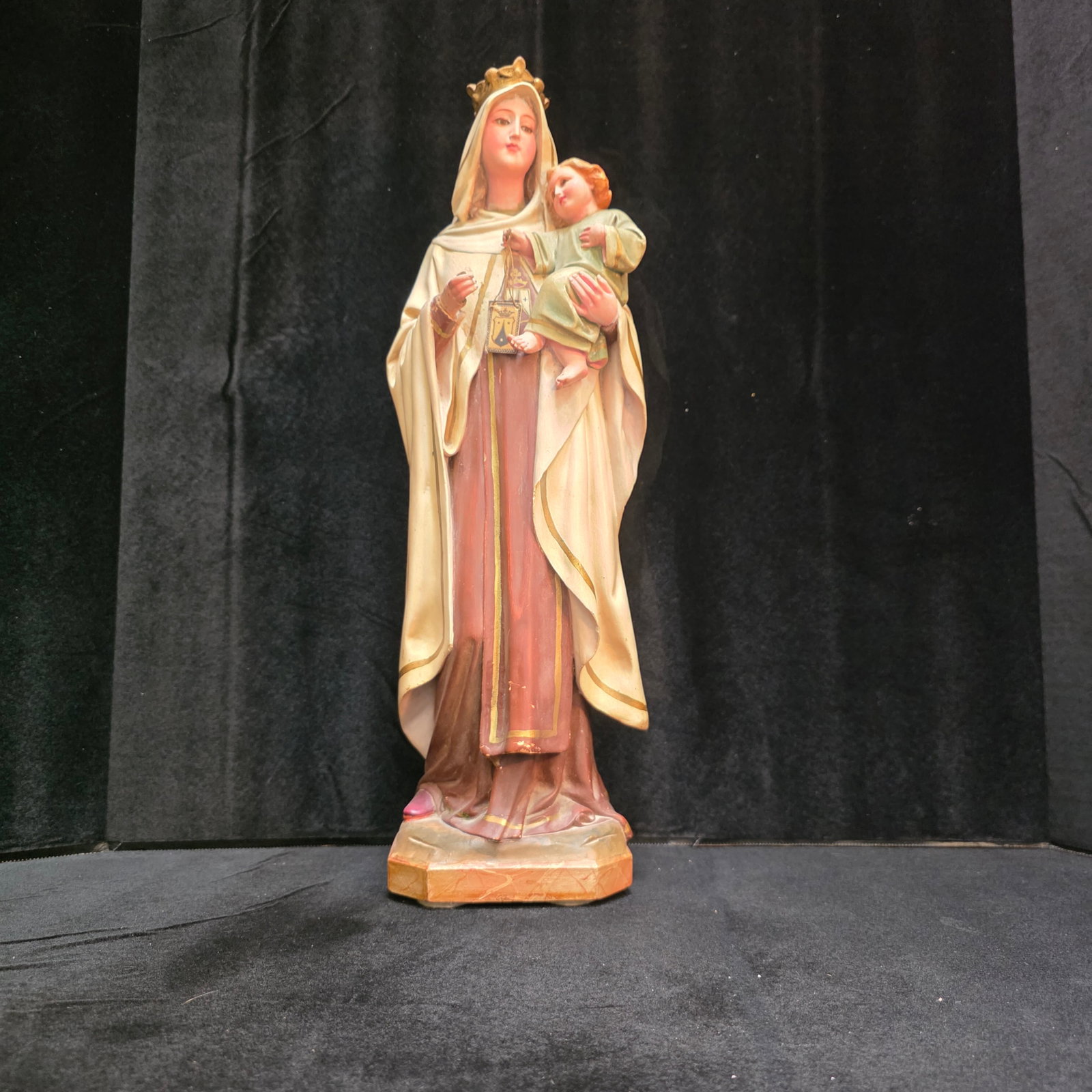 Antique Lady of Carmel Statue Olot, Spain: This is a 18" tall Polychrome statue made of wood paste with glass eyes, both in mother and child.