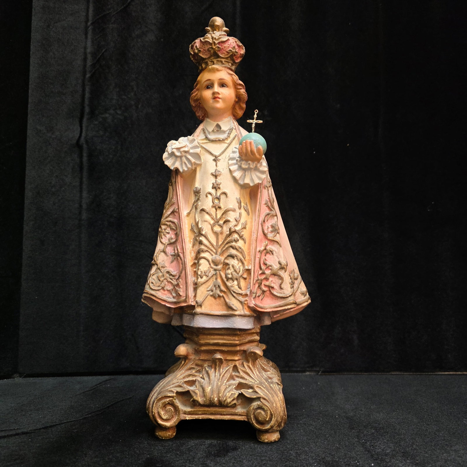 Statue Infant Jesus of Prague: This is a 15" tall statue of the infant Jesus of Prague displaying vibrant colors and sweet expression.