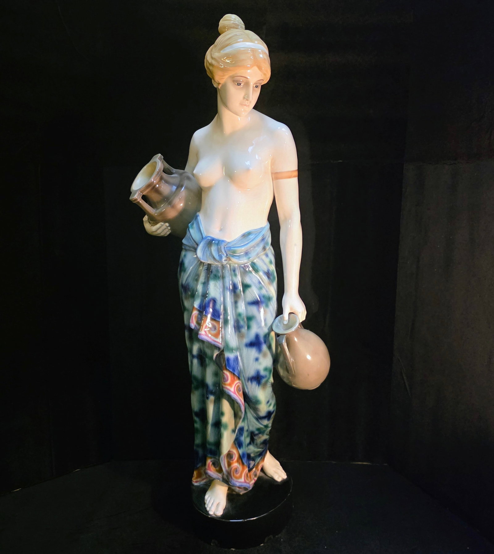 Goldscheider 32" Art Deco Water Barrier Ceramic Statue: This extraordinary 32" Tall Art Deco Statue is marked on the base and stamped dating her production between 1937 and 1941.It depicts a "Classical Maiden" or "Water Carrier," subjects that were