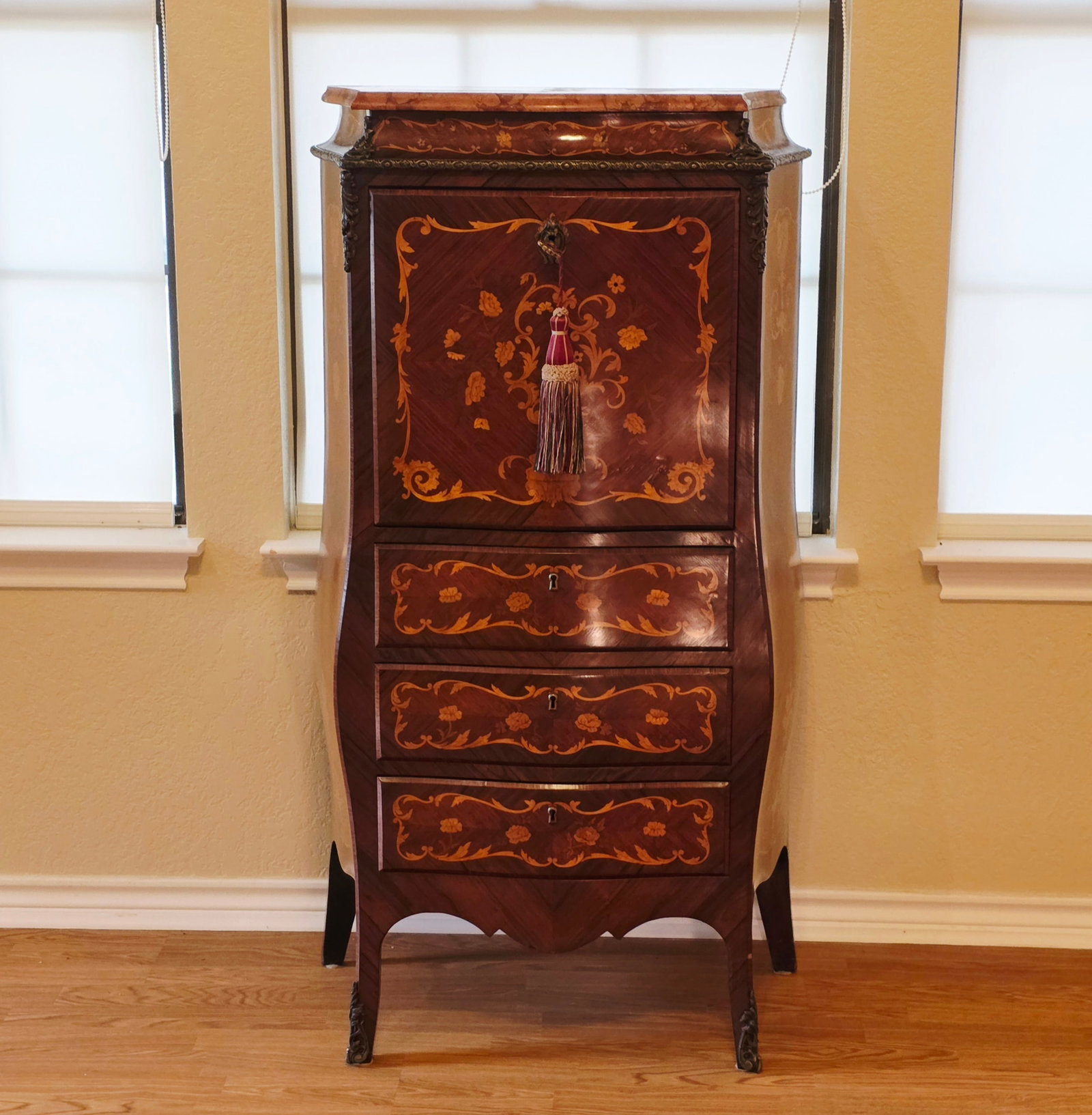 Louis XV Style Secretaire à Abattant with Hand Cut Dovetail Drawers: Gorgeous and elegant, this drop down secretary features intricate marquetry inlay on the fall-front and lower drawers. The 50" tall by 21" wide features hand carved dovetail drawers and a solid panel