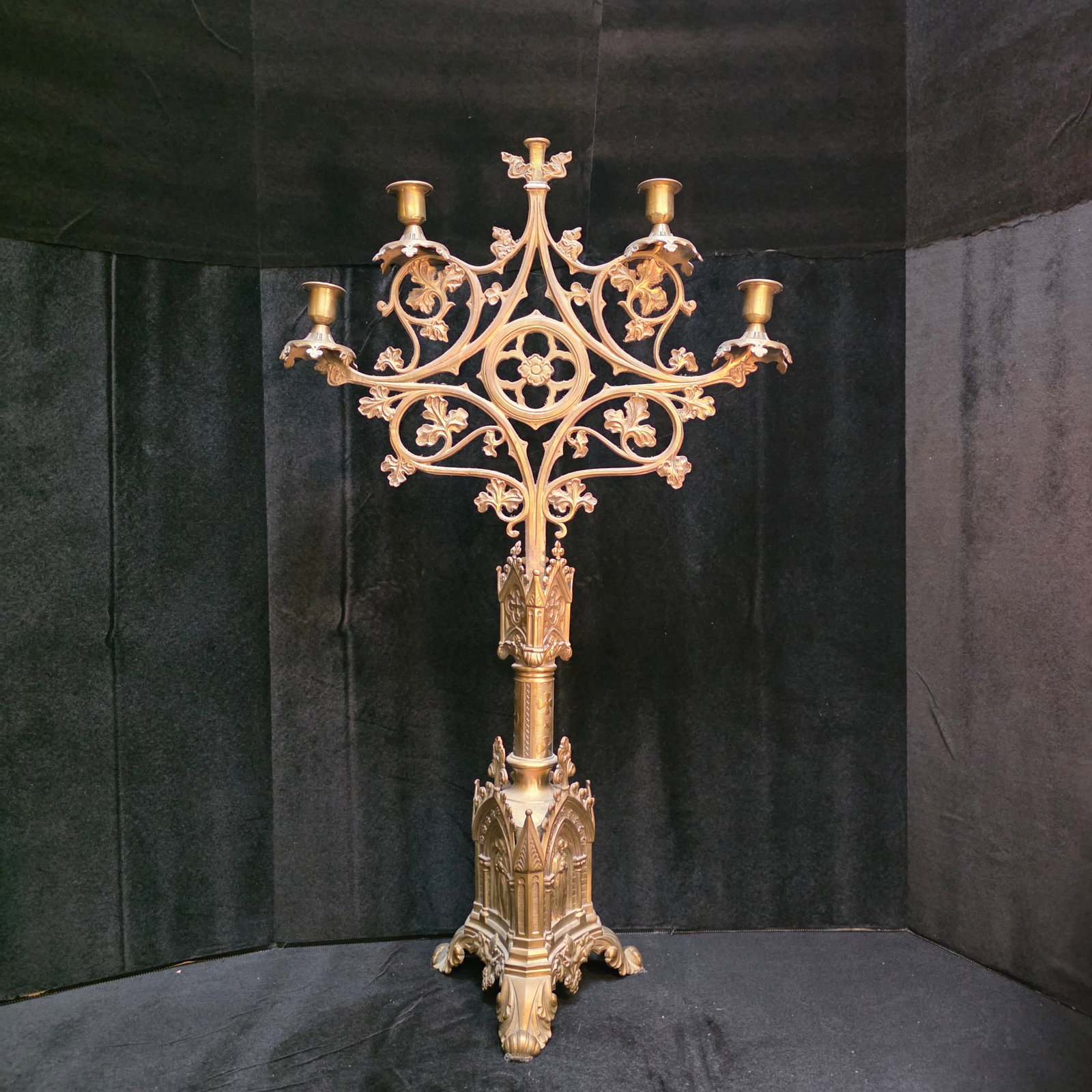 Tall 28" Altar 5-light Gothic Revival Bronze Candelabra: Solid bronze with a gothic design from Argentina's Candido Picon.