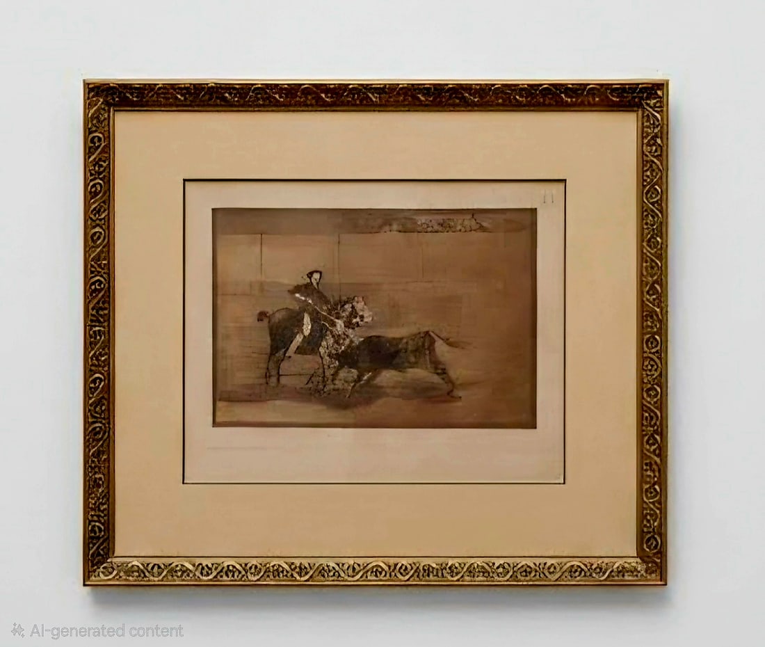 Goya Etching "Manly Courage of the Celebrated Pajuelera at Zaragoza,": Plate 22 of of the "La Tauromaquia" series. Etched with aquatint. drypoint, burin, and burnisher. Plate dimension without the frame 9 3/16"x 13 3/4"Currently matted and framed at 18" x 20"