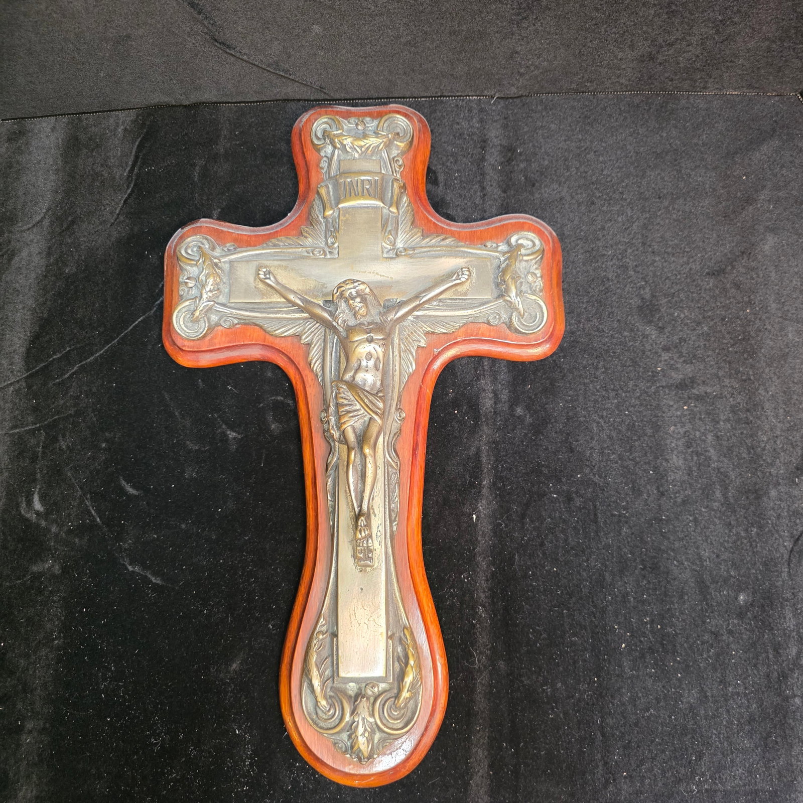 Vintage 16" Sick Call Crucifix: Brass corpus on Wooden base