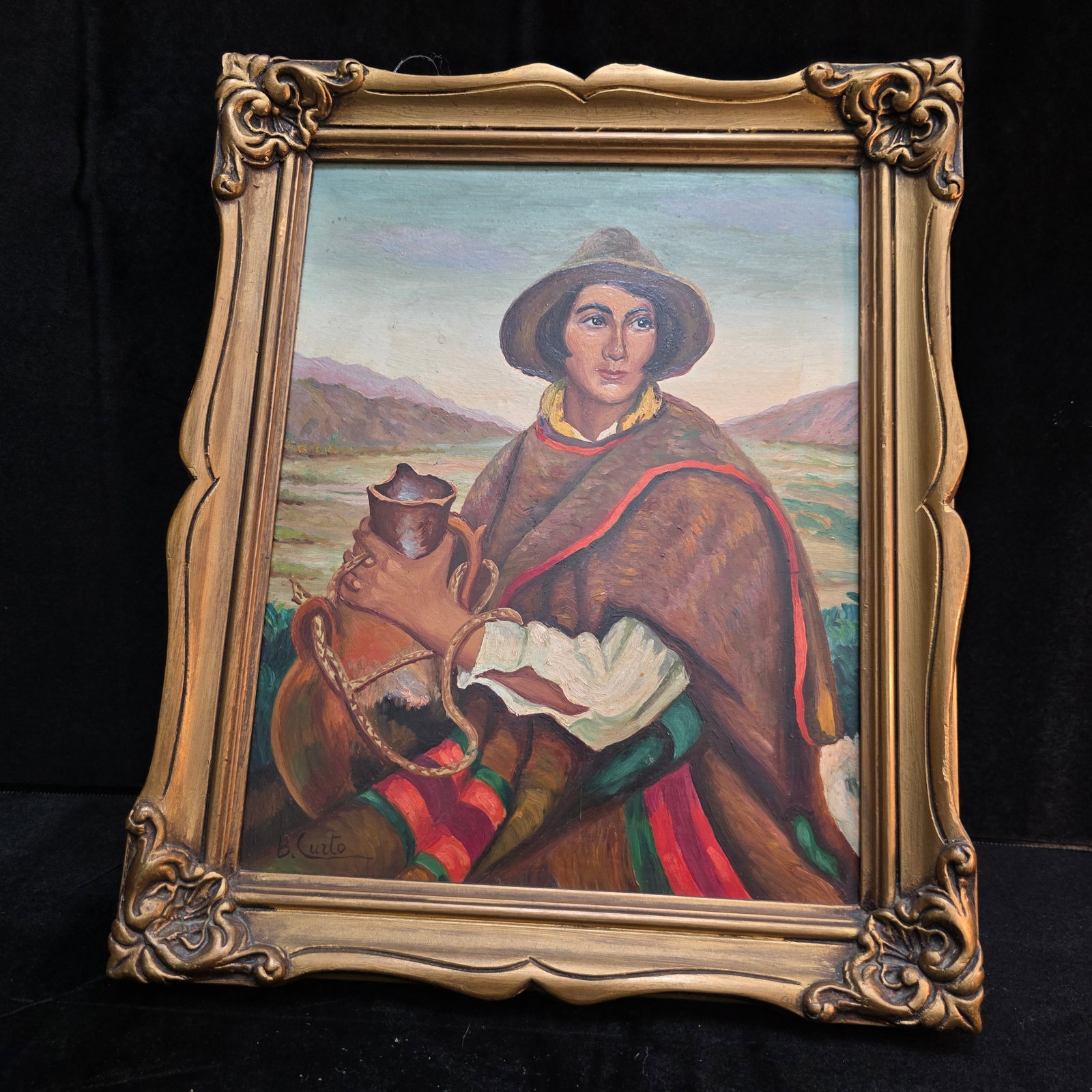 Original B Curto Painting of Boy-Untitled: An original oil on board, characterized by visible, impasto-like brushstrokes that add physical depth to the garment and facial features