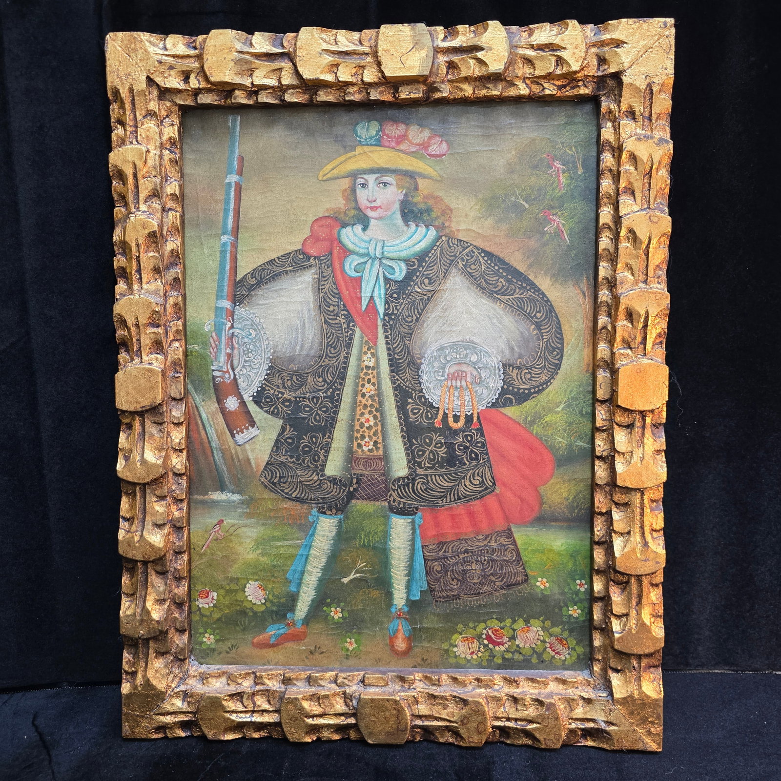 Cuzco 15 x 20 Angel Acrabucero Gilded Wood Framed Oil Painting: This Peruvian Archangel Painting was purchased in Buenos Aires Argentina in the Mid 90s at a local antique shop. It features an Angel Acrabucero. It measures 15x20 in a gilded wood frame on canvas.